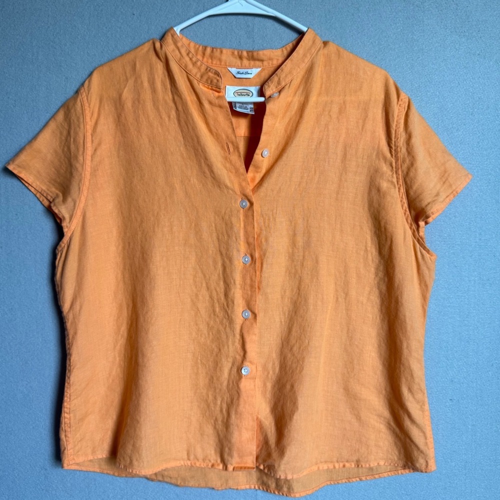 Talbots Shirt Women L Orange 100% Irish Linen Short Sleeve Button Up Blouse Top